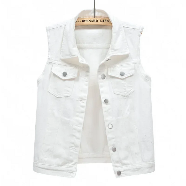 Modern women's raw edge denim vest with button-front closure, perfect for stylish casual wear.
