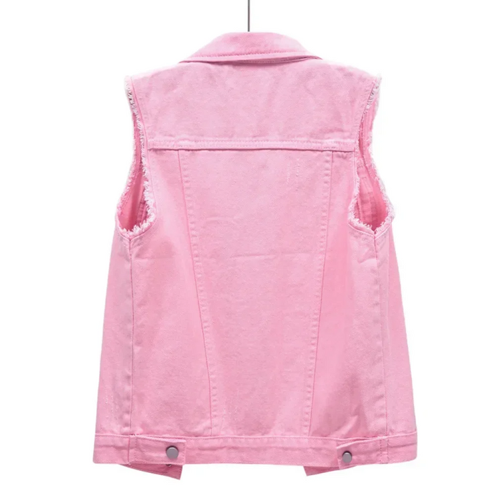 Women's sleeveless denim jacket with trendy raw edges, a casual fashion statement piece.