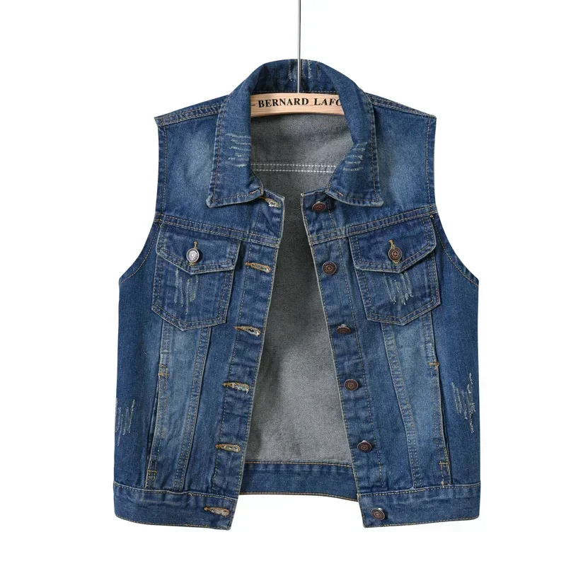 Close-up of the raw edge detail on a fashionable women's denim vest.