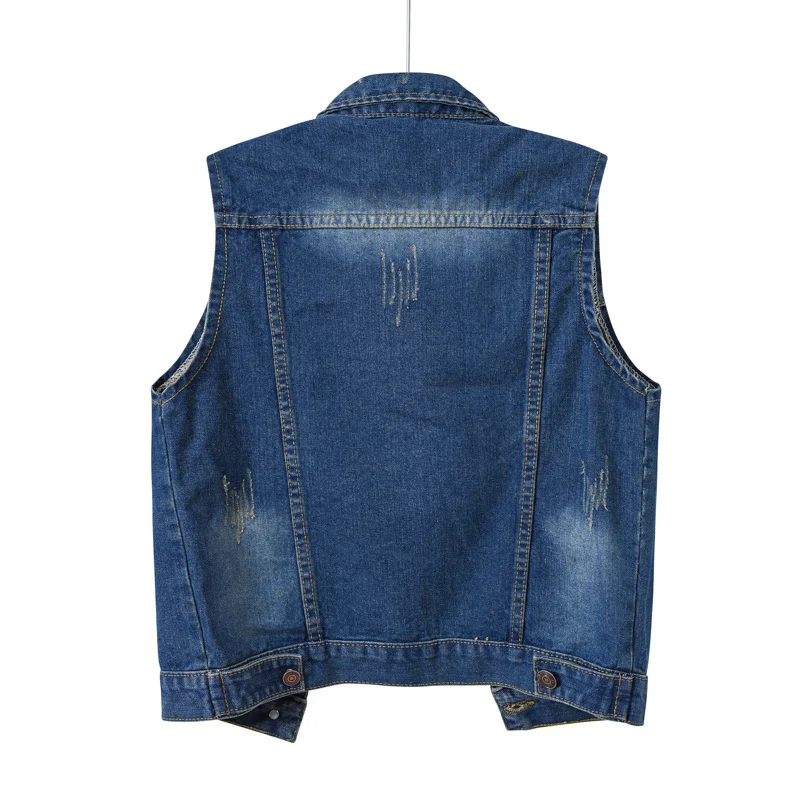 Back view of a chic women's raw edge denim vest, perfect for spring and summer styles.