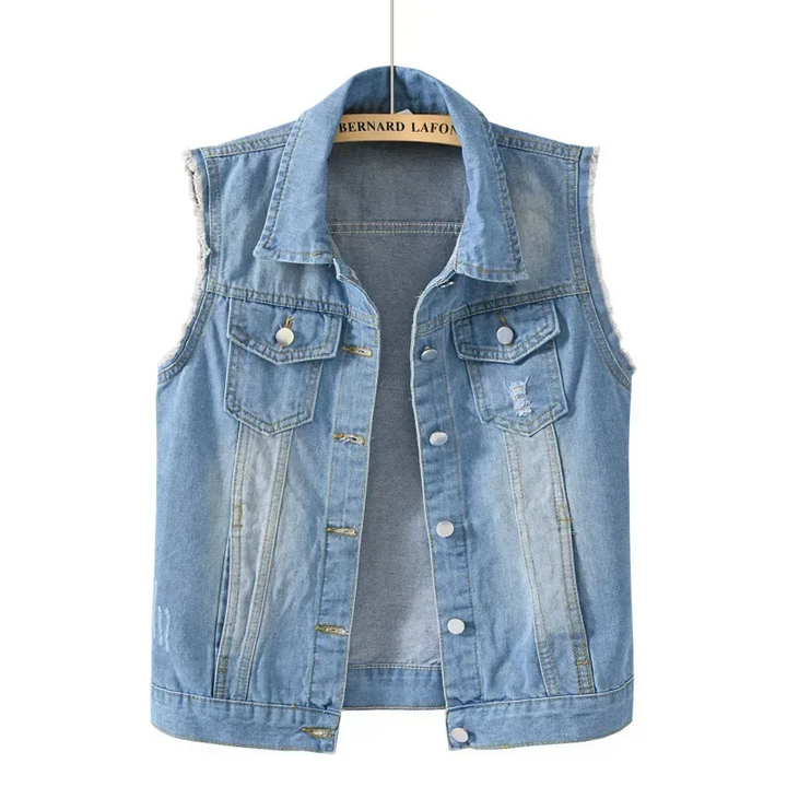Stylish blue denim vest for women with unique raw edges, a comfortable sleeveless jacket.