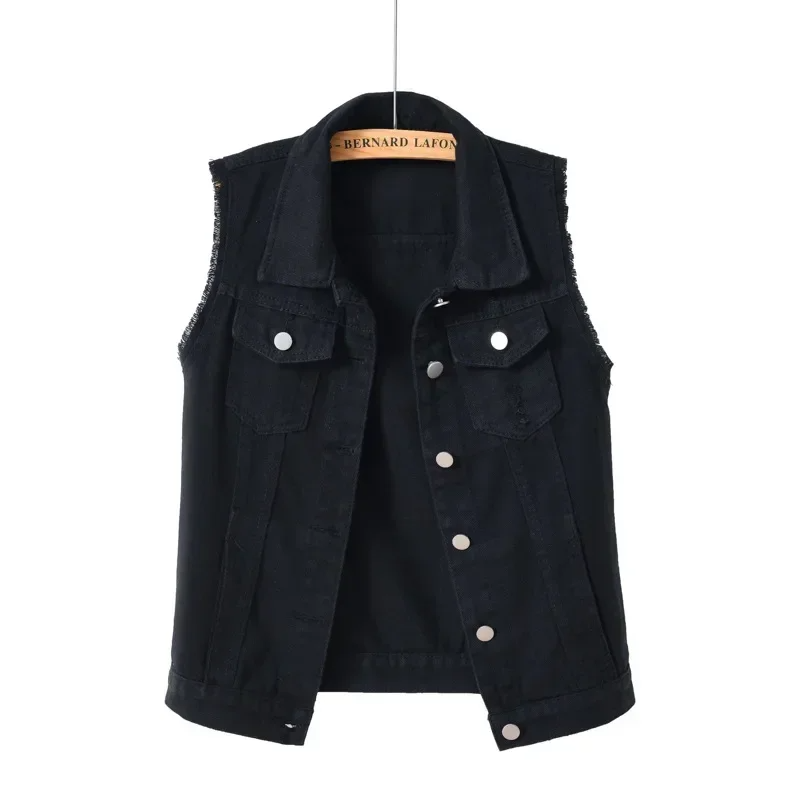Fashionable raw edge denim vest for women, excellent as a sleeveless layering jacket.