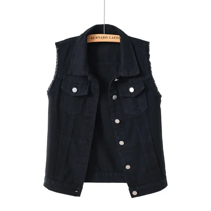 Fashionable raw edge denim vest for women, excellent as a sleeveless layering jacket.