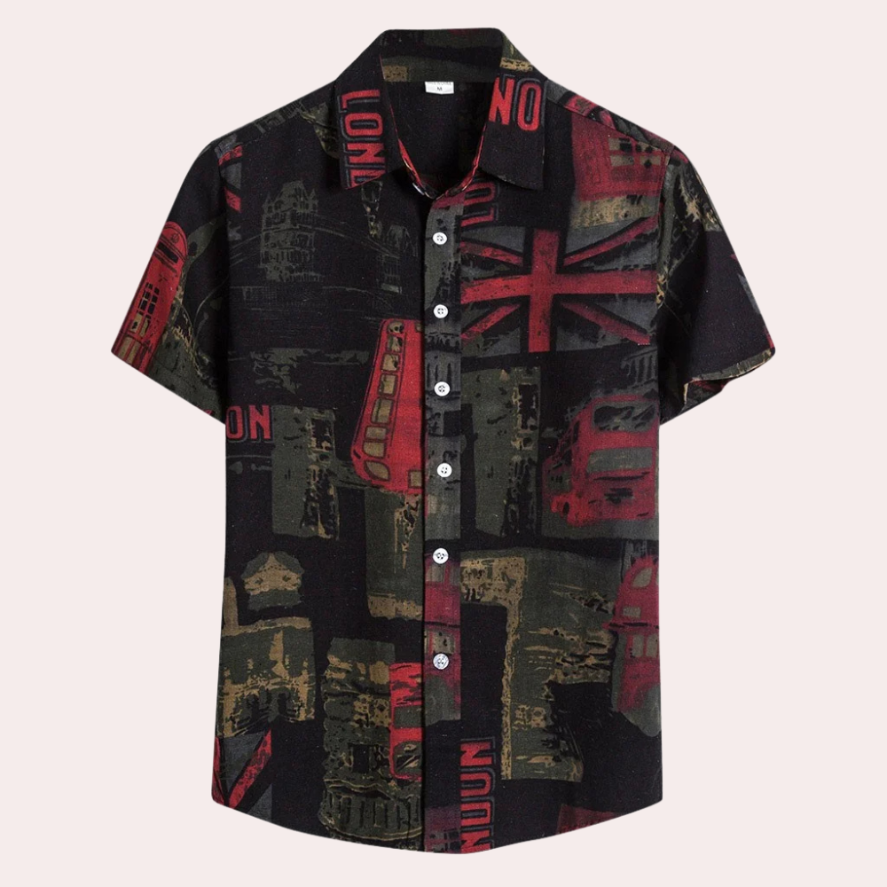 Front view of men's casual summer shirt, lightweight for warm weather comfort.