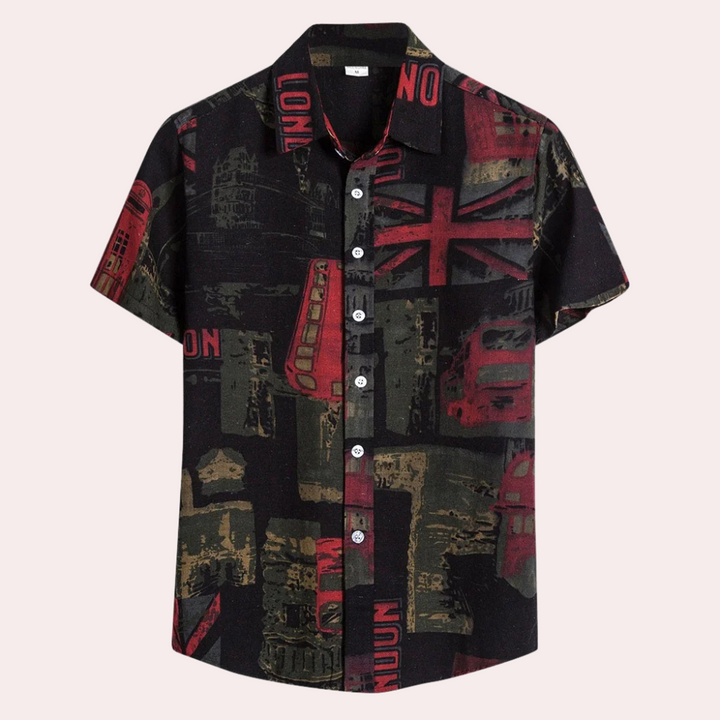 Front view of men's casual summer shirt, lightweight for warm weather comfort.