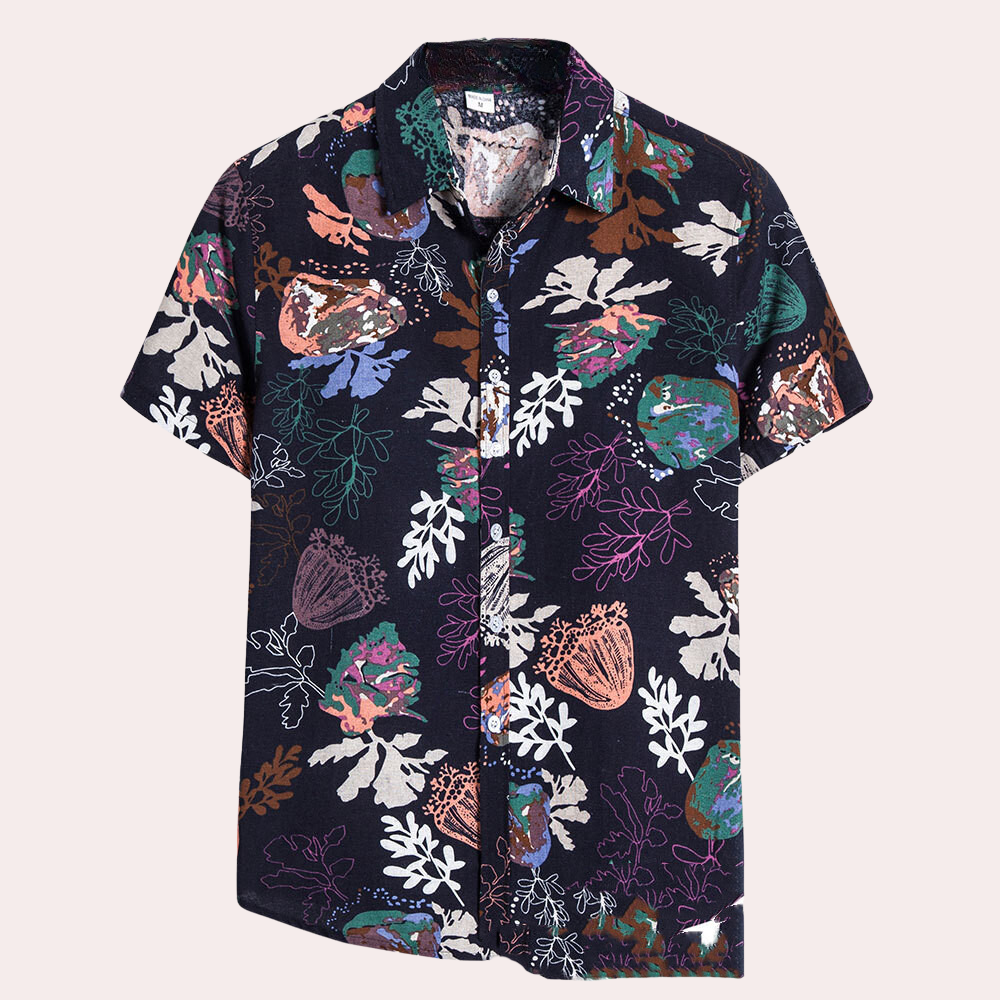 Close-up of soft, breathable fabric on a men's lightweight summer casual shirt.