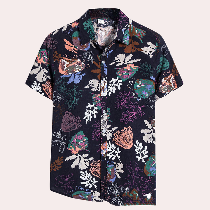 Close-up of soft, breathable fabric on a men's lightweight summer casual shirt.