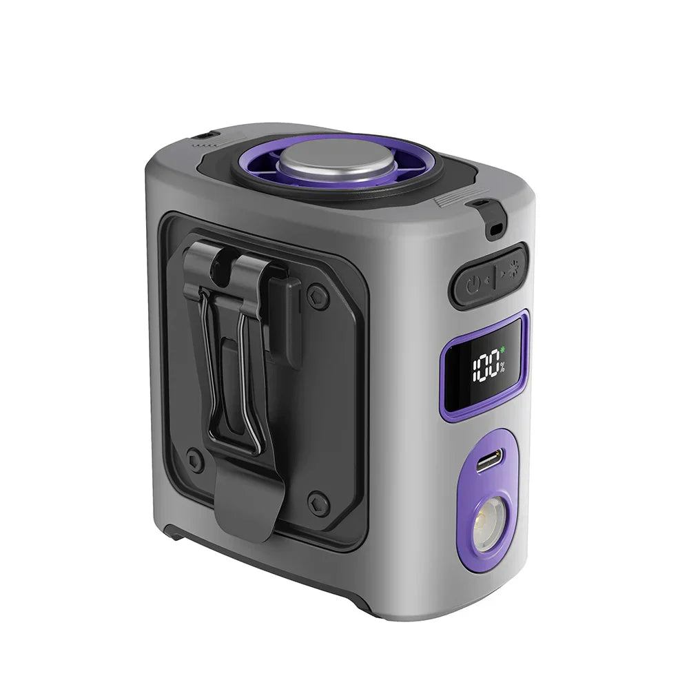 Back view of FrostBreeze 8000mAh portable waist fan, highlighting power bank function and LED light, for outdoor gear