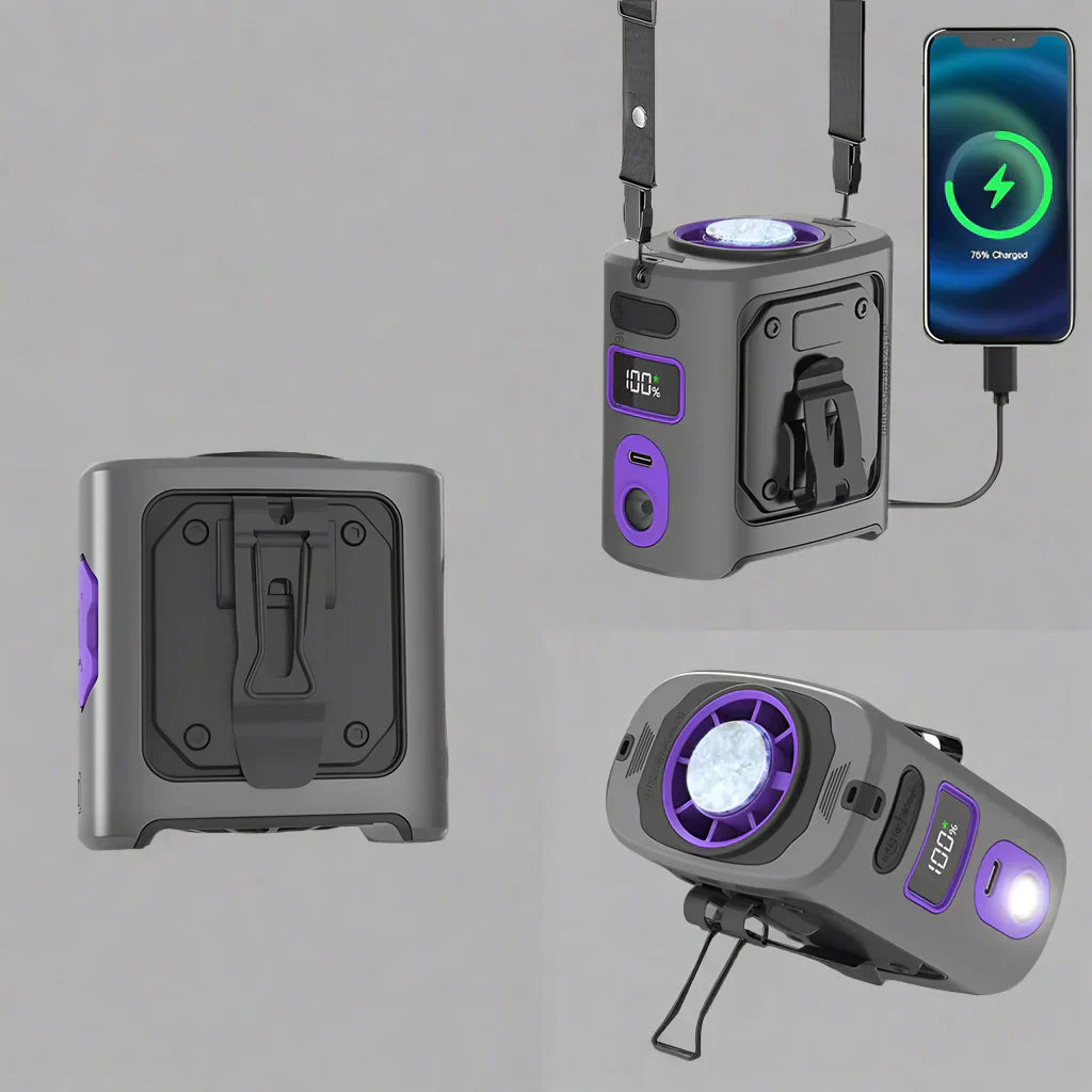 Woman wearing FrostBreeze portable cooling waist fan with power bank & LED light, enjoying hands-free comfort outdoors
