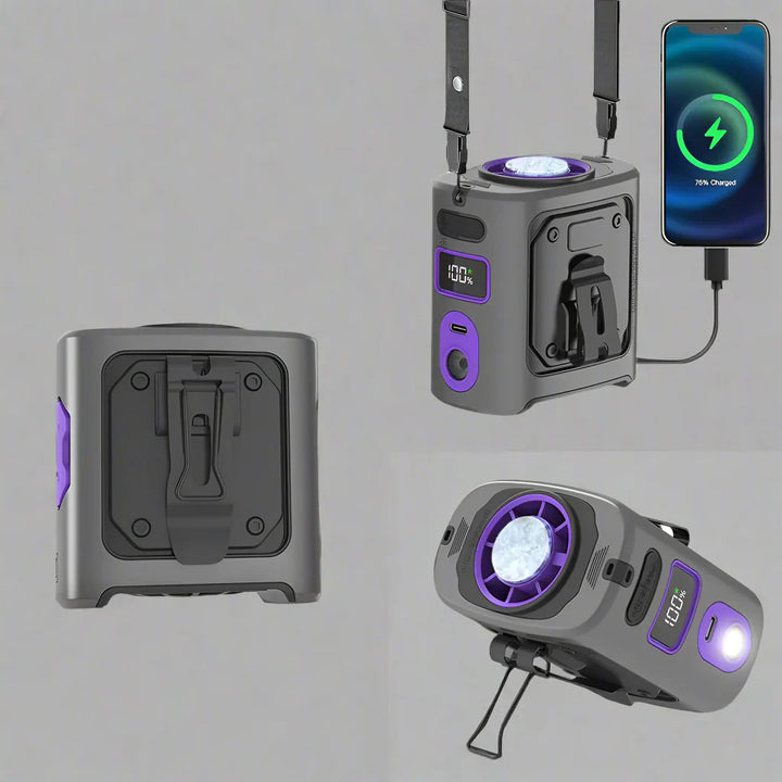 Woman wearing FrostBreeze portable cooling waist fan with power bank & LED light, enjoying hands-free comfort outdoors