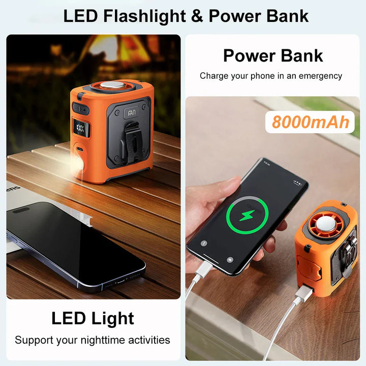 Close-up of FrostBreeze 8000mAh portable waist fan's LED light feature, ideal for outdoor evening use and personal cooling