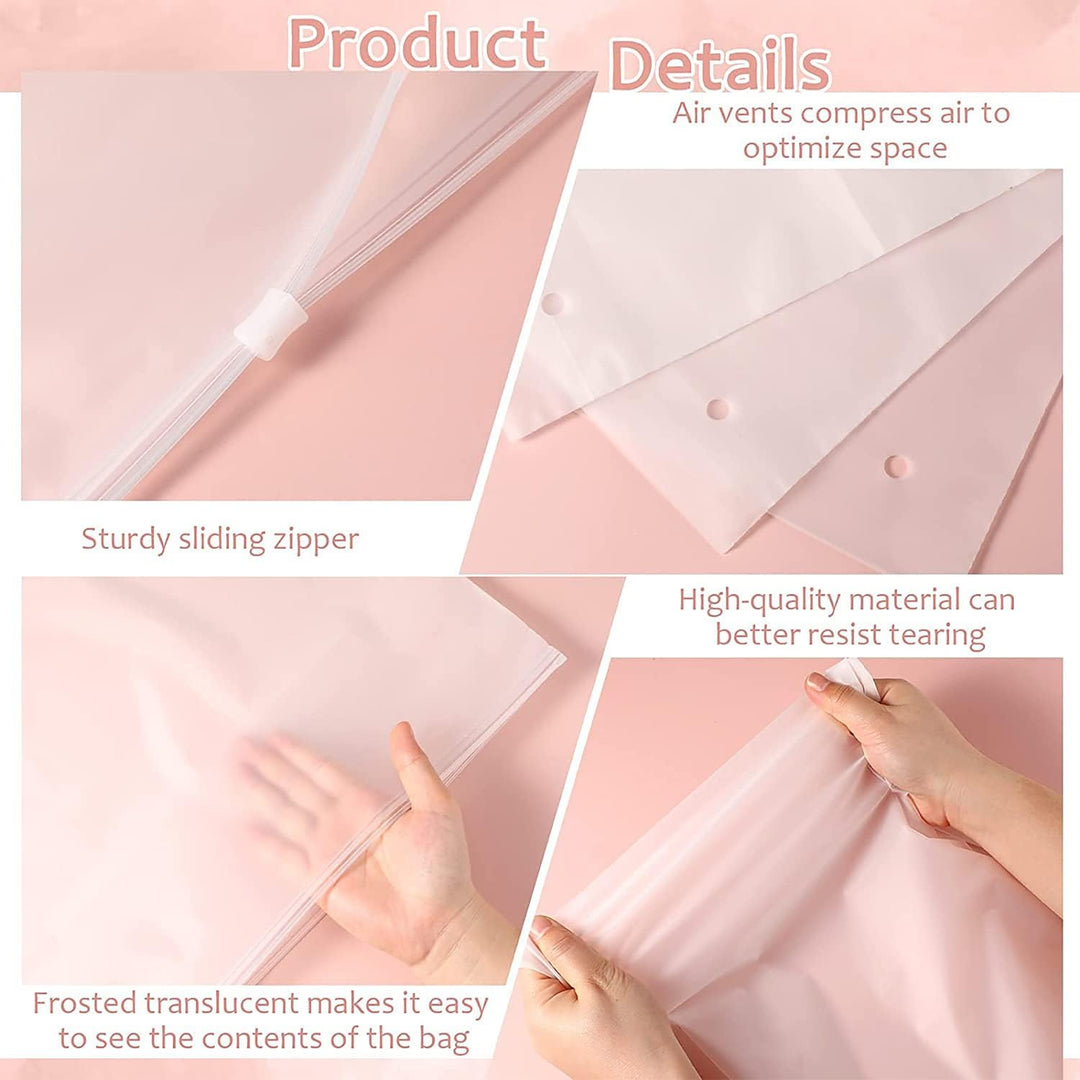Versatile frosted reusable storage bags for garments, great for home, closet, and travel.