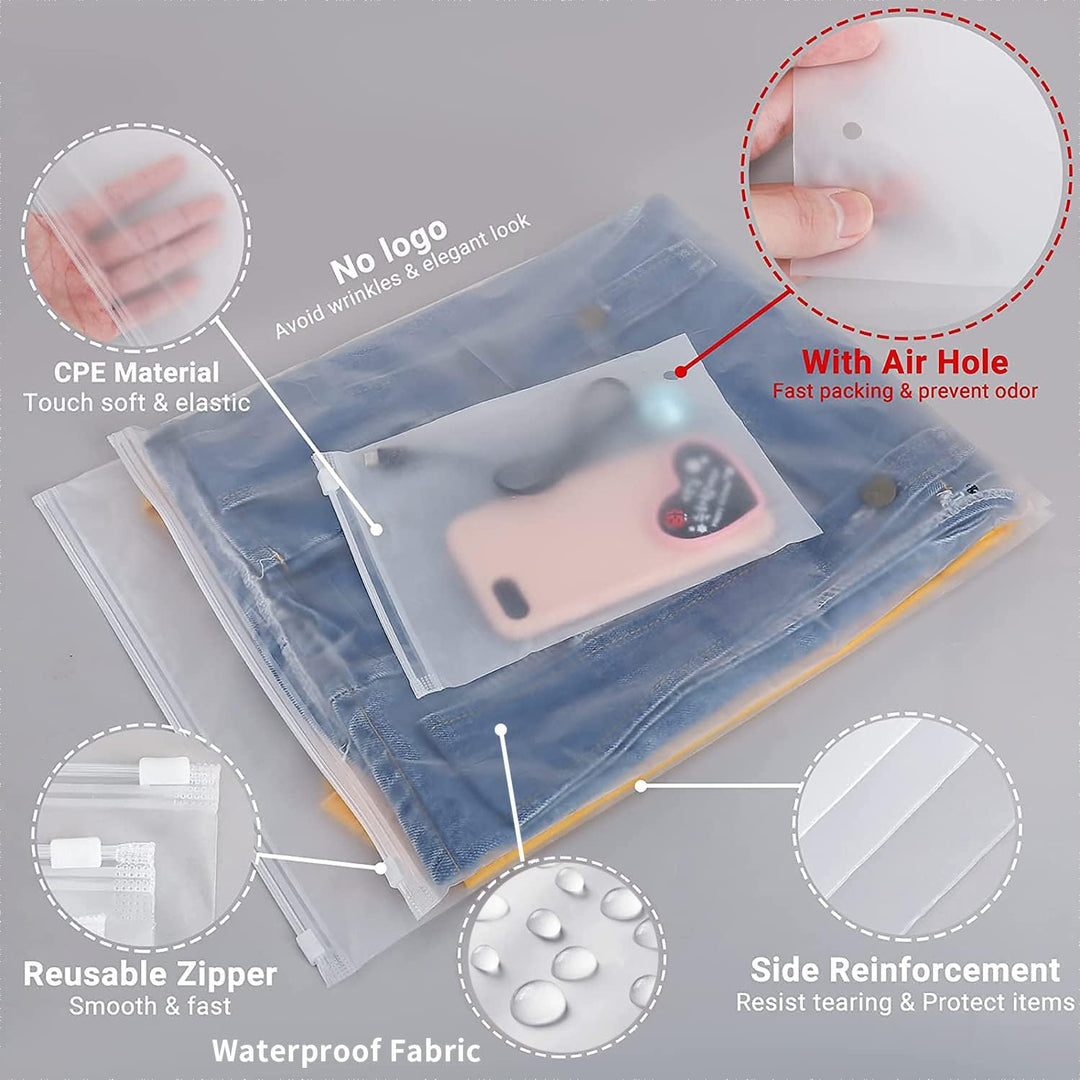 Clear frosted plastic storage bags with secure zip closure for protecting clothing