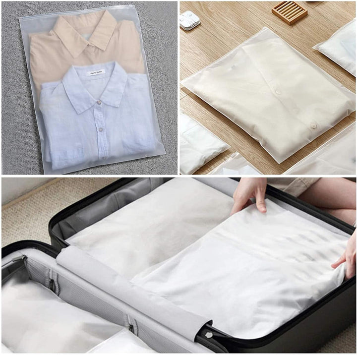 Pack of 20 frosted zip lock bags, perfect for organizing garments in luggage or closets