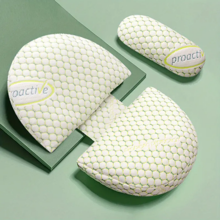 U-shaped pregnancy body pillow with a washable cover, designed for superior back, hip, & belly support.