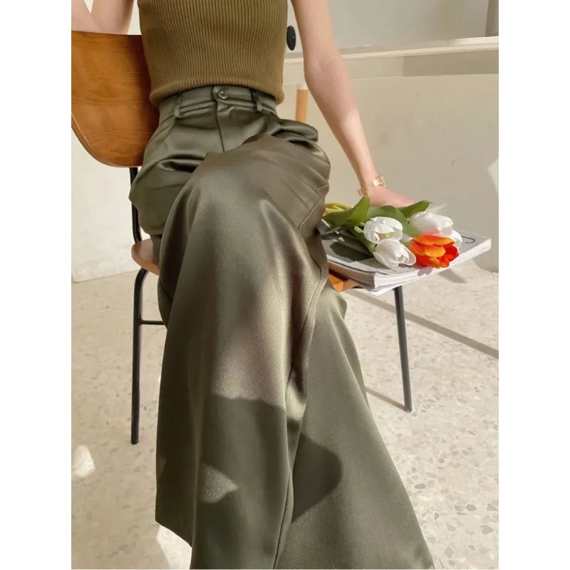 Full-length women's wide-leg high-waist casual pants, flowy & chic for summer.