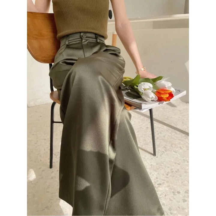 Full-length women's wide-leg high-waist casual pants, flowy & chic for summer.