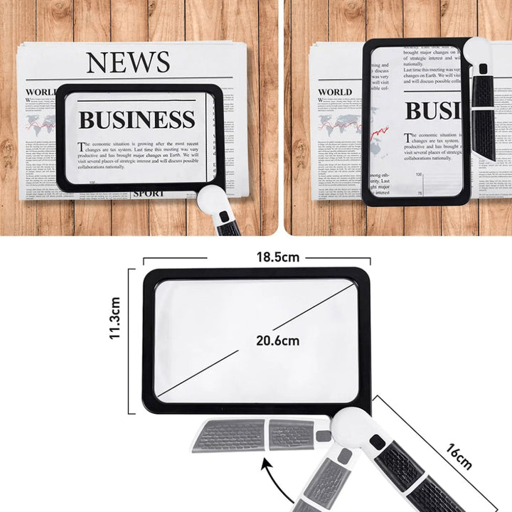 Ergonomic handheld full page magnifier, great for reading newspapers, maps, and hobbies. Vision assistance tool.