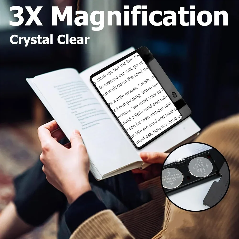 Lightweight, portable full page LED magnifier for reading books, magazines, and crafts.