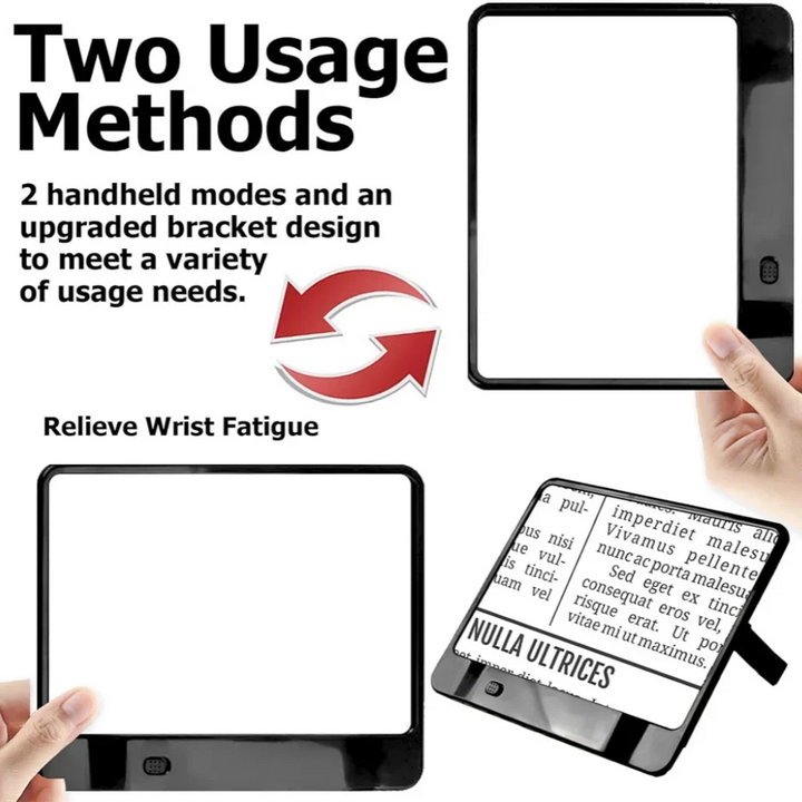 Versatile full page LED magnifier for hobbies, crafts, and book reading. Illuminates details clearly.