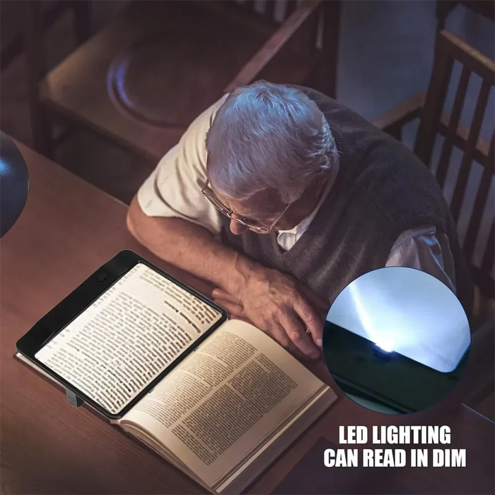 Bright LED full page magnifier for books. Provides illuminated, clear vision for reading enjoyment.