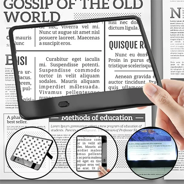 Easy-to-use full page LED magnifier for effortless book reading & detailed hobby work. Portable design.