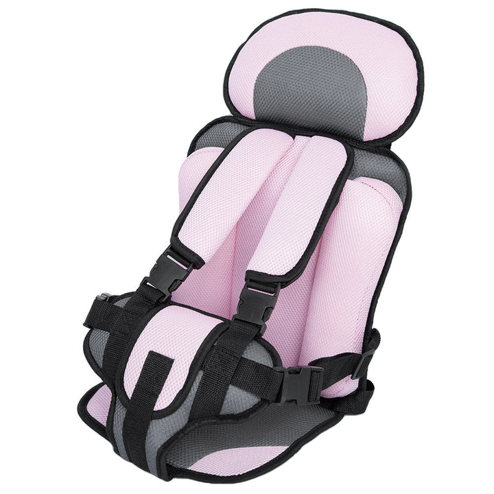 Full view of a blue children's adjustable car seat, emphasizing safety for infants & toddlers.