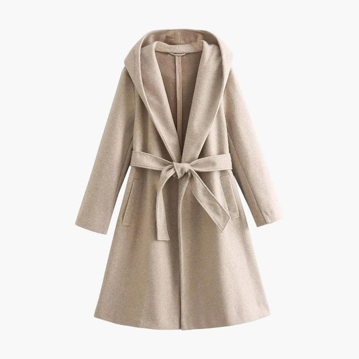 Front view of women's belted trenchcoat, fully closed. Sleek casual jacket for outdoor fashion.