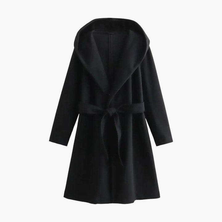 Women's trenchcoat featuring a stylish wide collar and hood down. Fashionable belted outerwear.