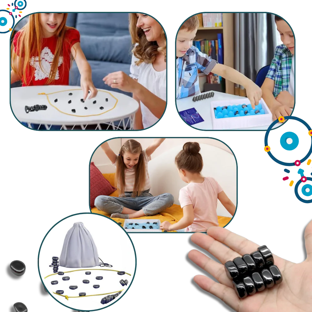 Two players focused on a challenging game of magnetic chess. A fun strategy board game for skill building.