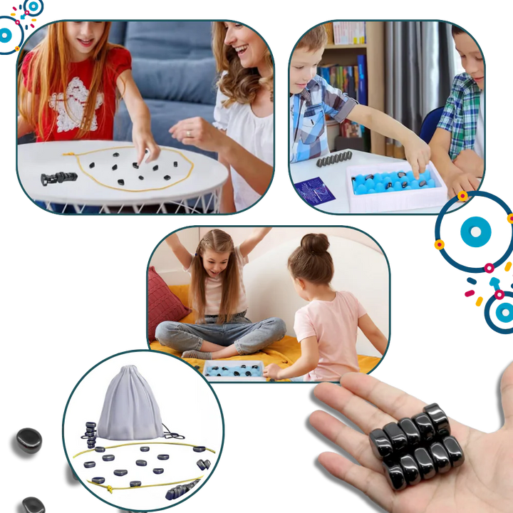 Two players focused on a challenging game of magnetic chess. A fun strategy board game for skill building.