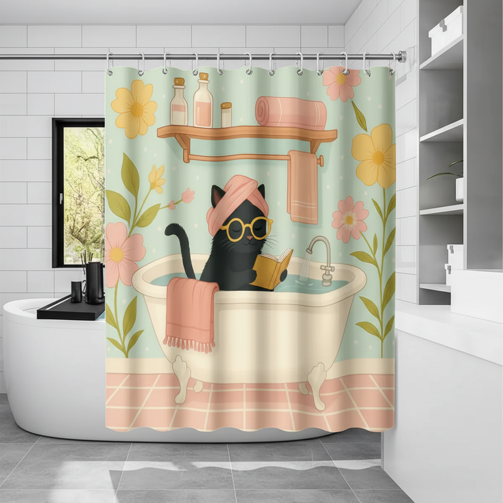 Funny cat printed shower curtain with cartoon cats, ideal for unique bathroom decor and a playful touch.