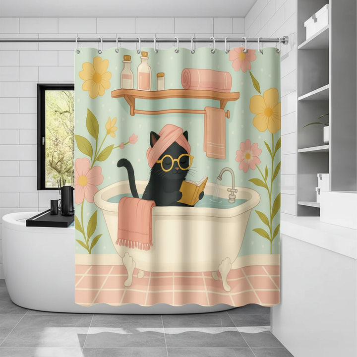 Funny cat printed shower curtain with cartoon cats, ideal for unique bathroom decor and a playful touch.