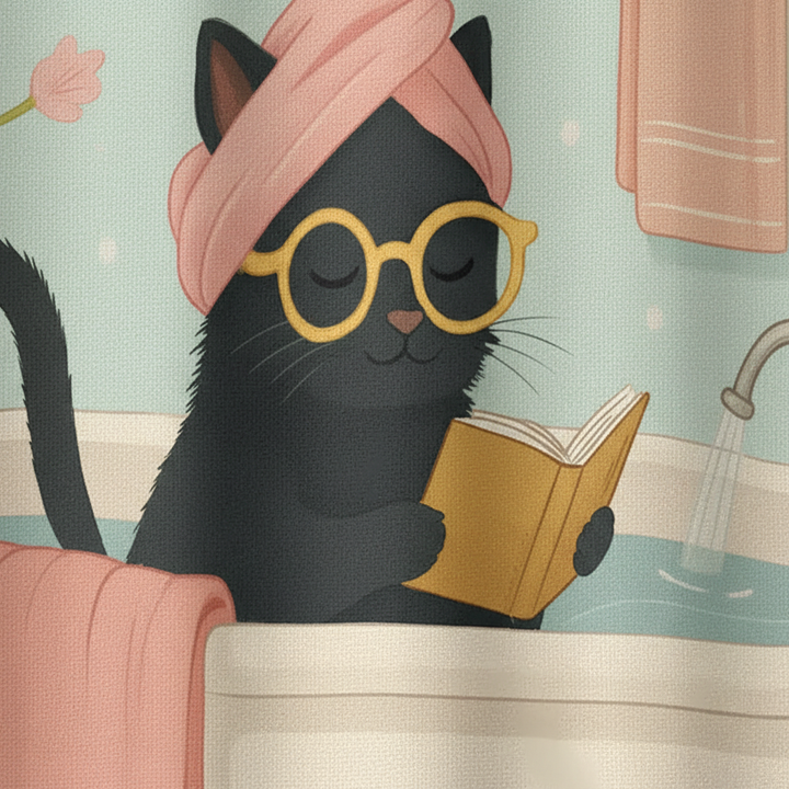 Bathroom decor shower curtain with a vibrant cat print, designed to be moisture-resistant and entertaining.