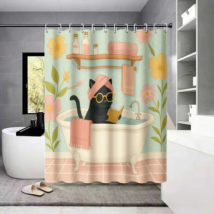 Novelty cat print shower curtain, a funny and functional home good for a cat lover's bathroom.