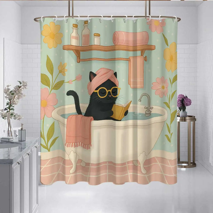 Durable, funny cat-themed shower curtain with a vivid animal print that brightens up bathroom decor.