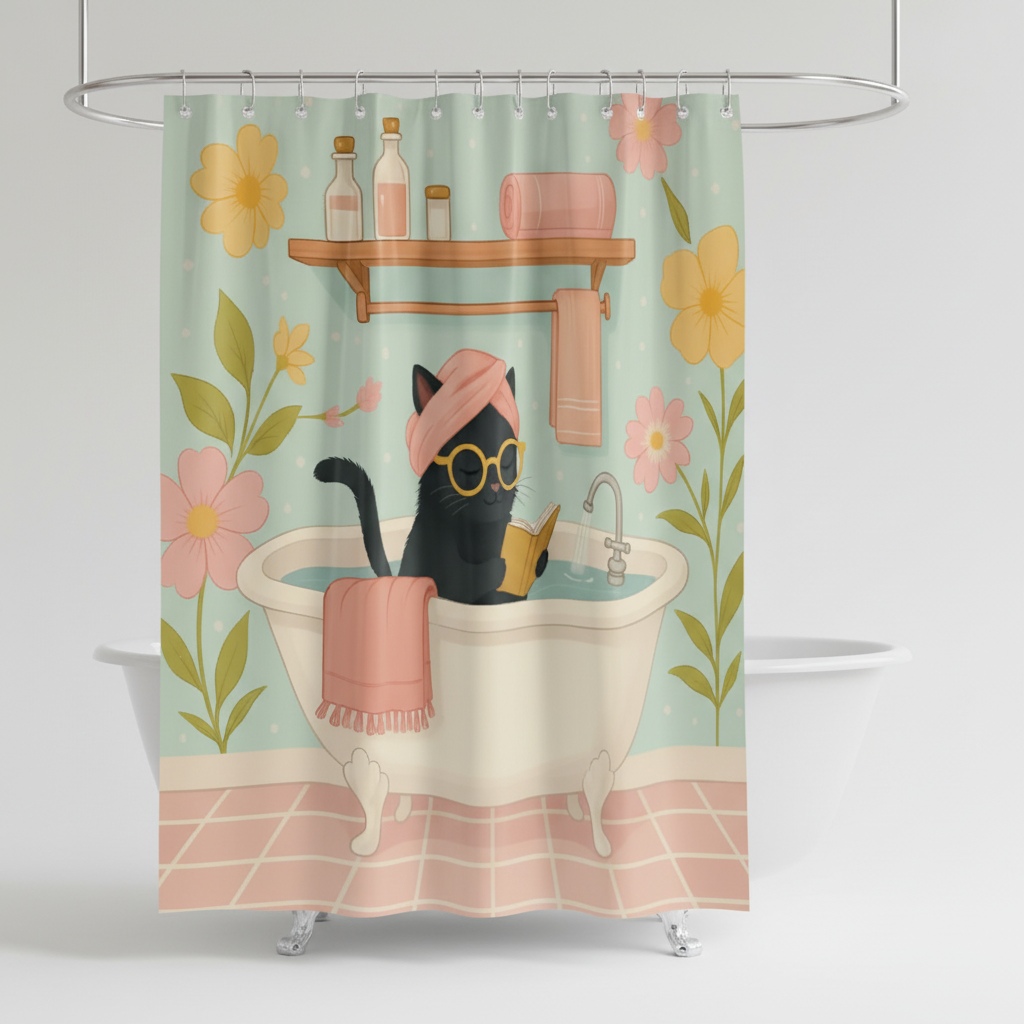 Purrshower funny cat printed shower curtain, a waterproof and decorative item for a whimsical bathroom.