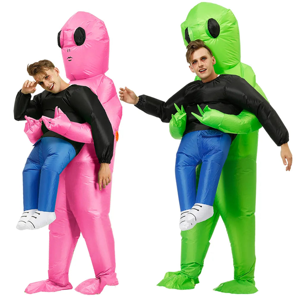 Funny green inflatable alien costume for unisex adults & kids, perfect for Halloween parties & cosplay.