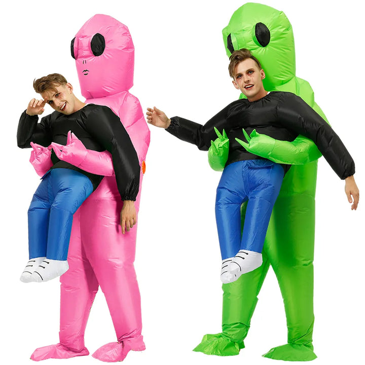 Funny green inflatable alien costume for unisex adults & kids, perfect for Halloween parties & cosplay.