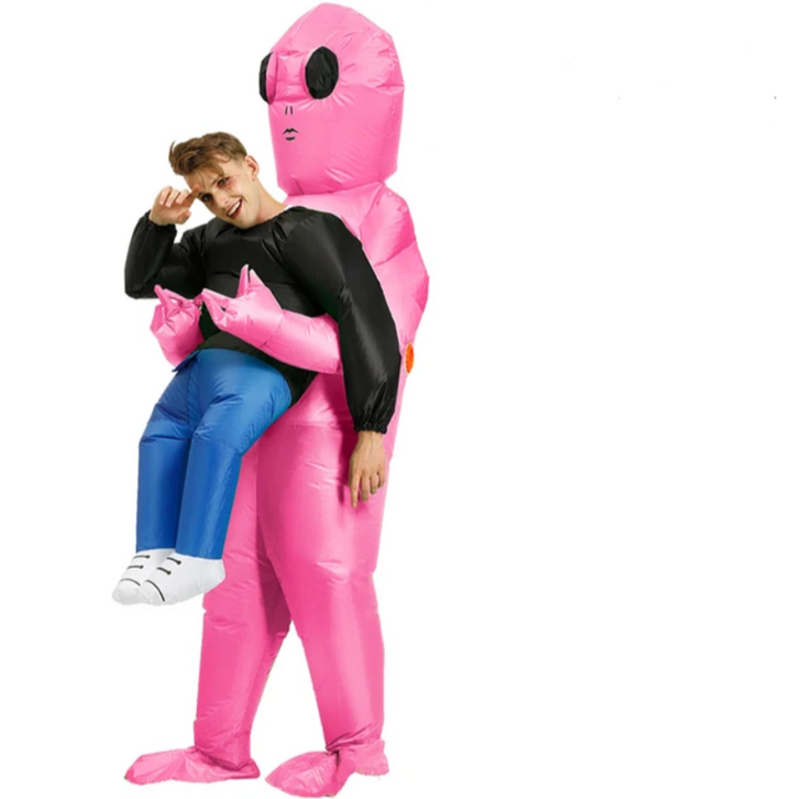 Novelty green inflatable alien costume for unisex party fun, great for Halloween, cosplay, and dress-up.