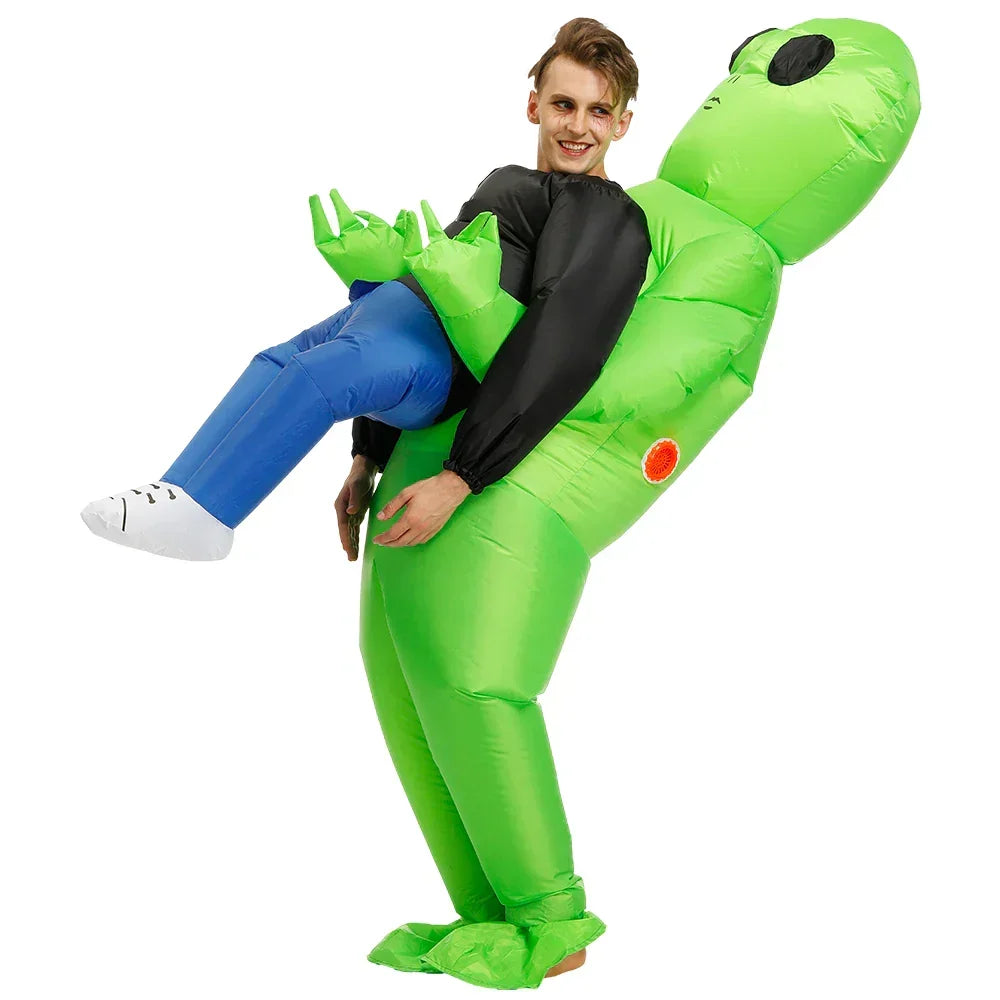 Hilarious unisex inflatable green alien costume for kids & adults, ideal for parties, Halloween, & cosplay.