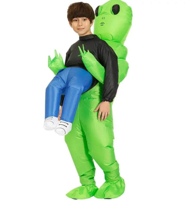 Green inflatable alien costume for unisex adults & kids. Funny party, Halloween, and cosplay outfit.