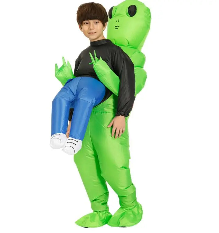 Green inflatable alien costume for unisex adults & kids. Funny party, Halloween, and cosplay outfit.