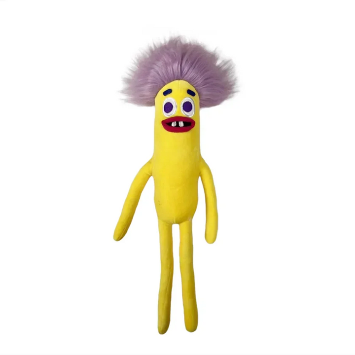 Close-up of a colorful, funny sausage plush toy. A soft novelty cuddle buddy for playful decor.