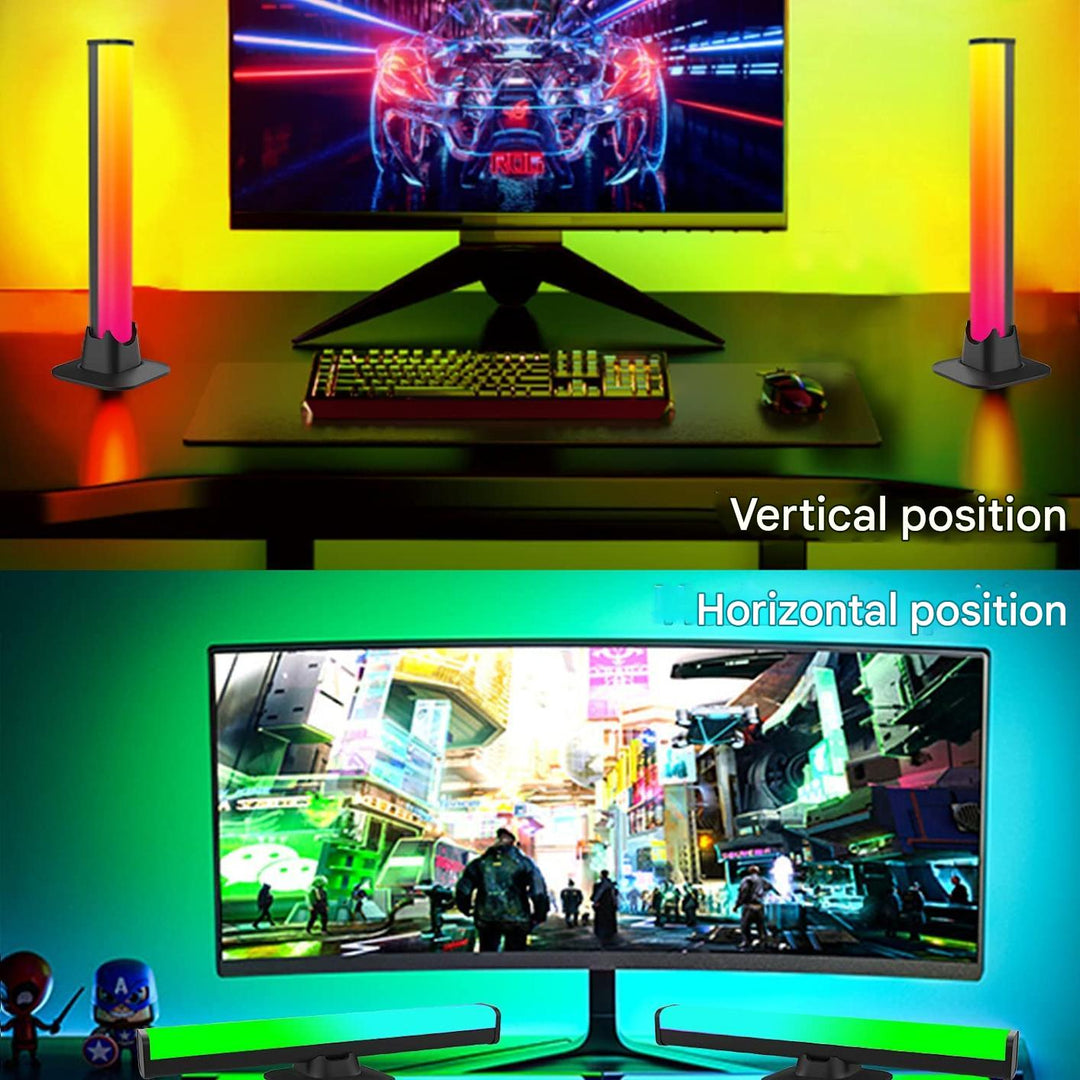 Smart LED light bars on a TV stand, providing ambient lighting and enhancing entertainment setup with music sync