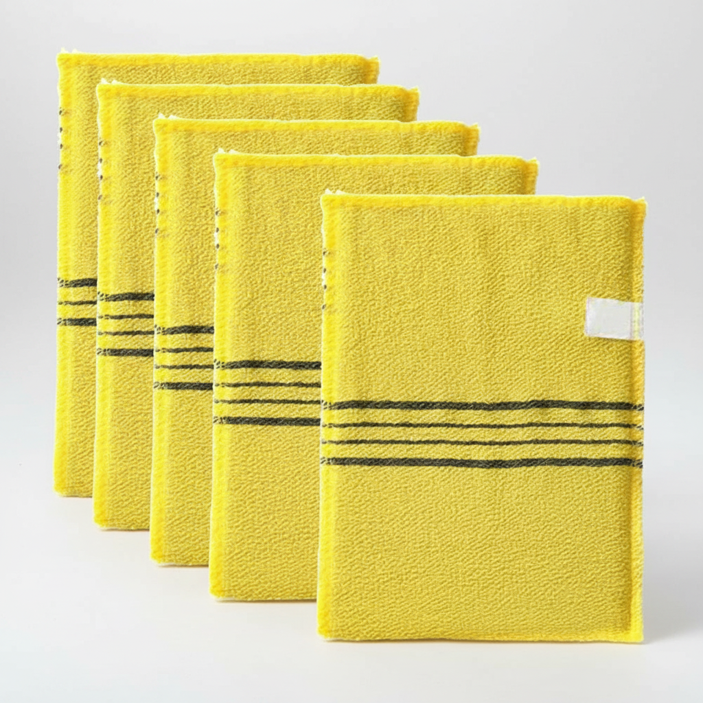 Exfoliating bath towel draped over a rack, ready for a luxurious spa-like experience