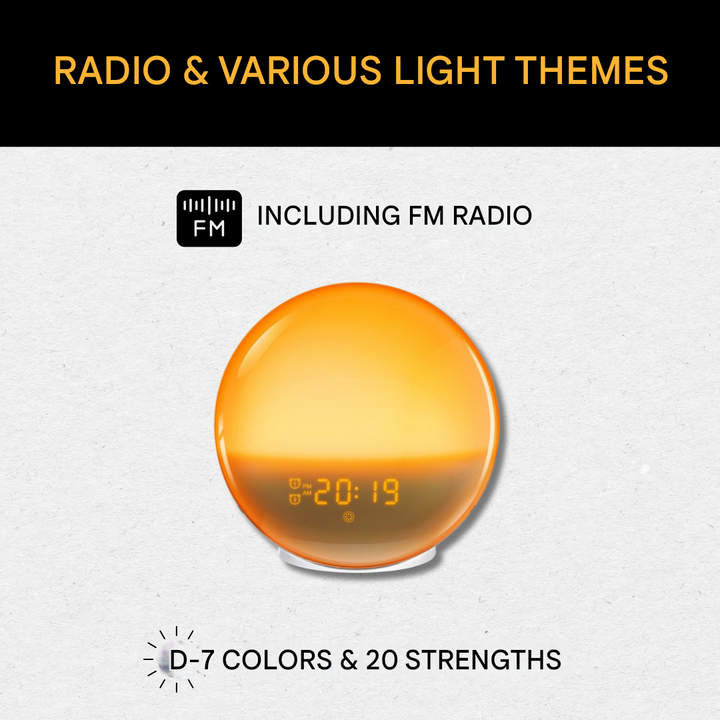 Sound machine & wake-up light alarm clock. Features various relaxing sounds and light modes for sleep & waking.