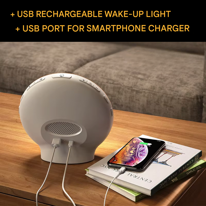 Modern bedroom lamp, alarm clock, and wake-up light combo. Sleek design for any home decor style.
