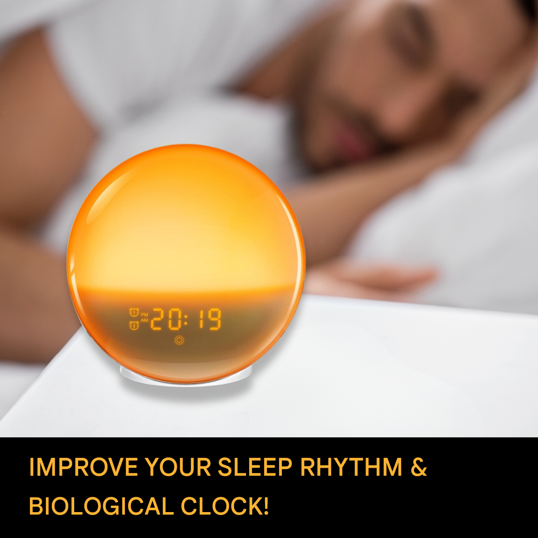Relaxation alarm clock with soothing light & sound. Stylish home decor piece for a calm bedroom environment.
