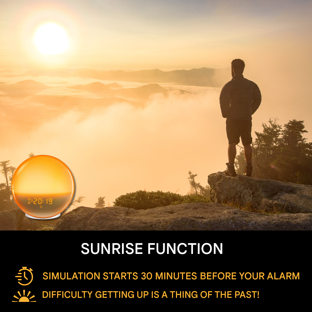 Bedroom alarm clock featuring gentle wake-up light, sound machine, and sunrise/sunset simulation for sleep.